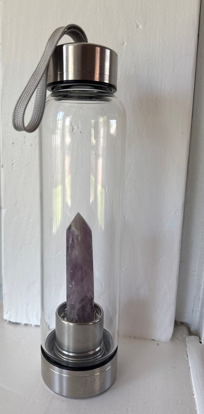 Amethyst Crystal Point Stone Infused Glass 16oz Water Bottle